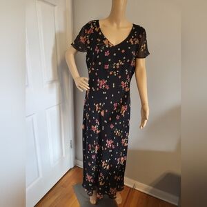 Ann Taylor Black Floral 90s Maxi Dress 100% Silk